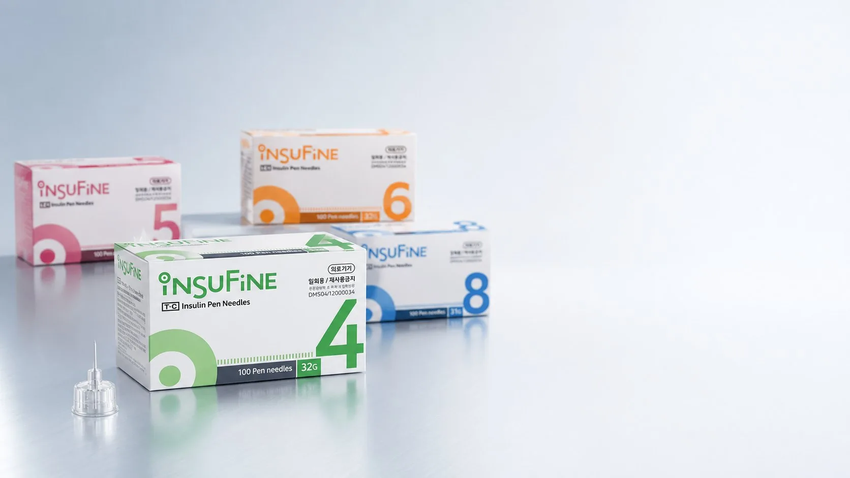 Insufine insulin pen needle boxes in 4mm, 5mm, 6mm, and 8mm sizes with loose pen needles
