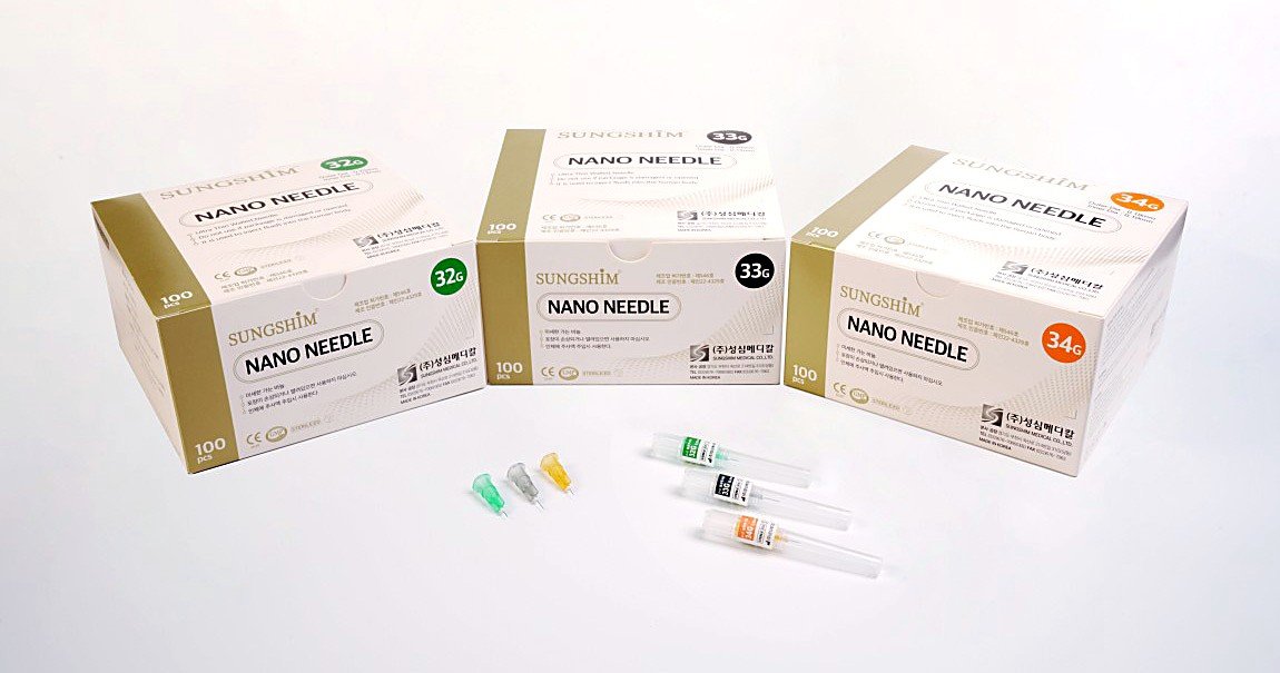 Sungshim Nano Needle boxes, 32G, 33G, and 34G, with fine-gauge needles