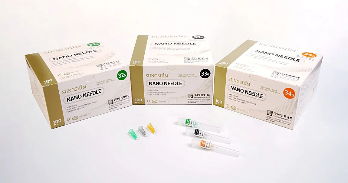 Sungshim Nano Needle boxes, 32G, 33G, and 34G, with fine-gauge needles
