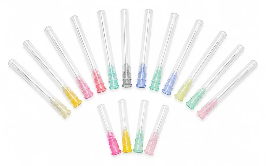 Sungshim sterile single-use needles fanned out, color-coded by gauge