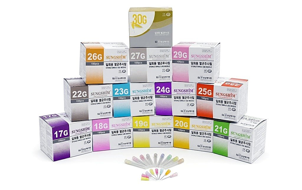 Sungshim sterile single-use needle boxes, 17G to 30G, with color-coded needles