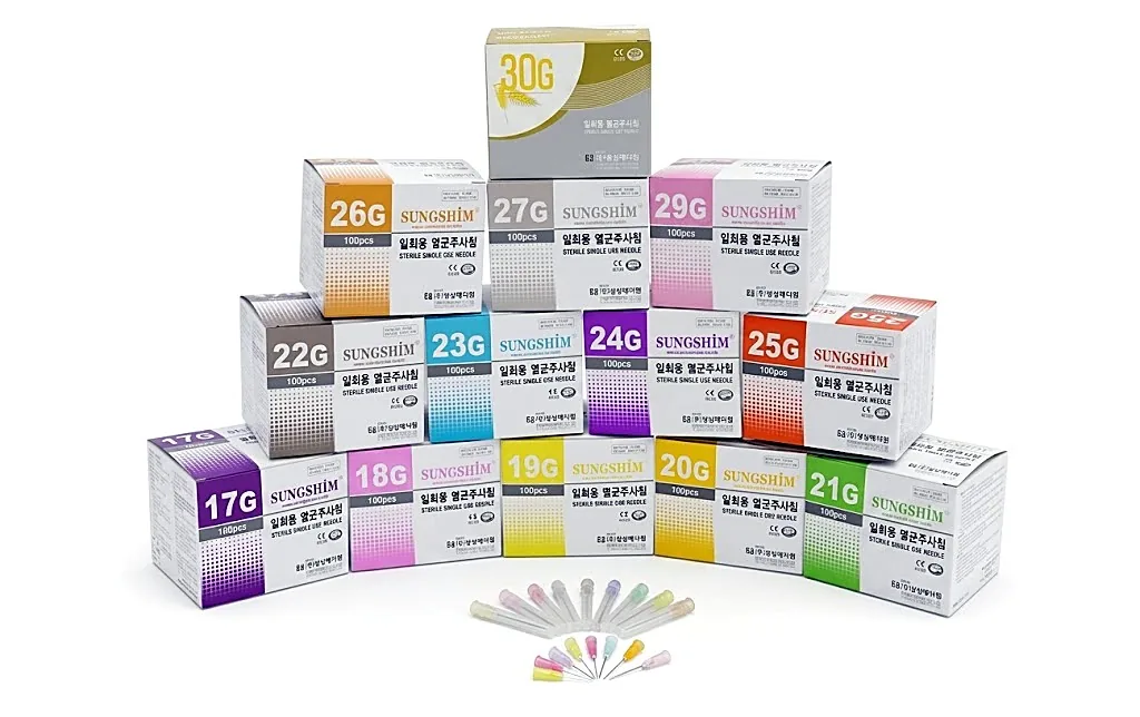 Sungshim sterile single-use needle boxes, 17G to 30G, with color-coded needles